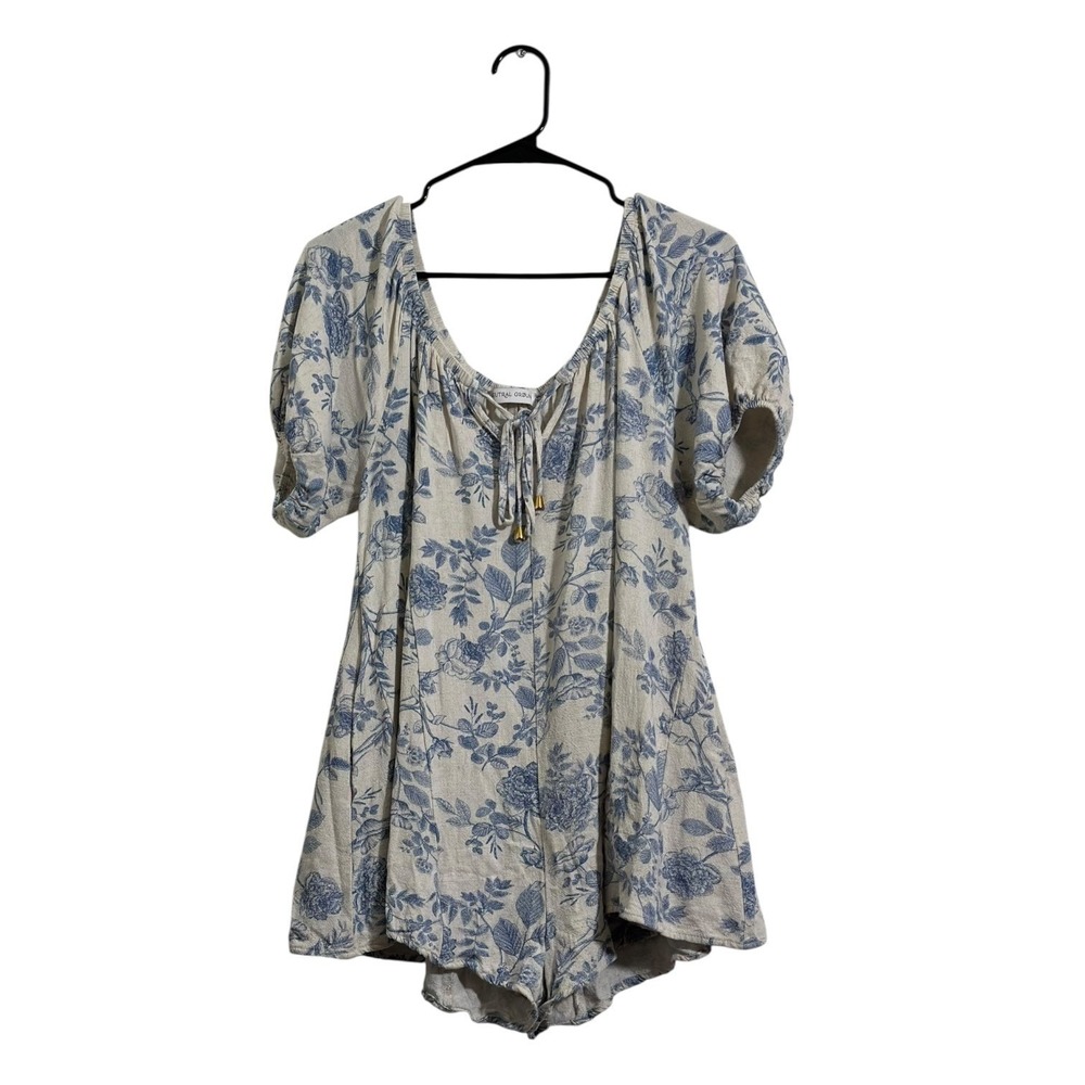 Neutral Ground Cottagecore Linen Blend Boho Romper Blue White Puff Sleeve Small